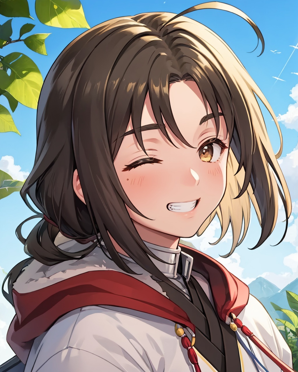 masterpiece,best quality, highly detailed, haku (utawarerumono),solo, one eye closed, grin, male focus, 1boy, ahoge, leaf, 1girl,<lora:haku_(utawarerumono):1>