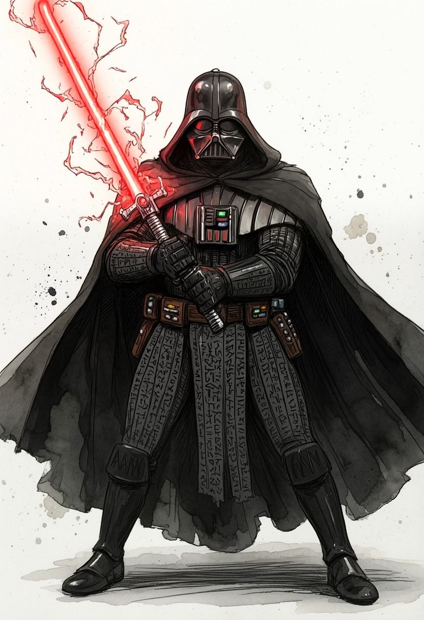 EvGnStyle,  a high-detail TTRPG concept art illustration of Darth Vader standing in a dynamic battle pose,  full body shot...