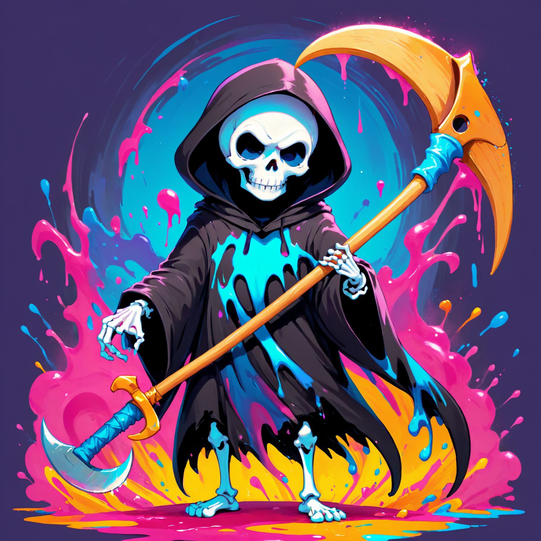 Illustration of an adorable,  cuddly Grim Reaper with a cute skeleton,  holding a scythe and surrounded by vibrant splashe...
