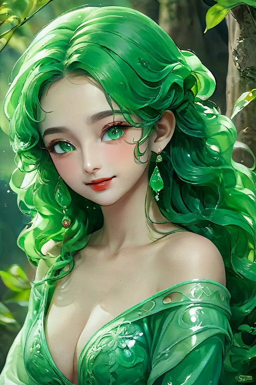 <lora:yudiao_xl-000006:0.7>,HDR,UHD,8K,Highly detailed,best quality,masterpiece,greendesign,1girl,solo,earrings,long hair,green eyes,jewelry,looking at viewer,green hair,breasts,smile,upper body,see-through,small breasts,lips,closed mouth,eyelashes,red lips,wavy hair,monster girl,bare shoulders,curly hair,collarbone,long sleeves,off shoulder,