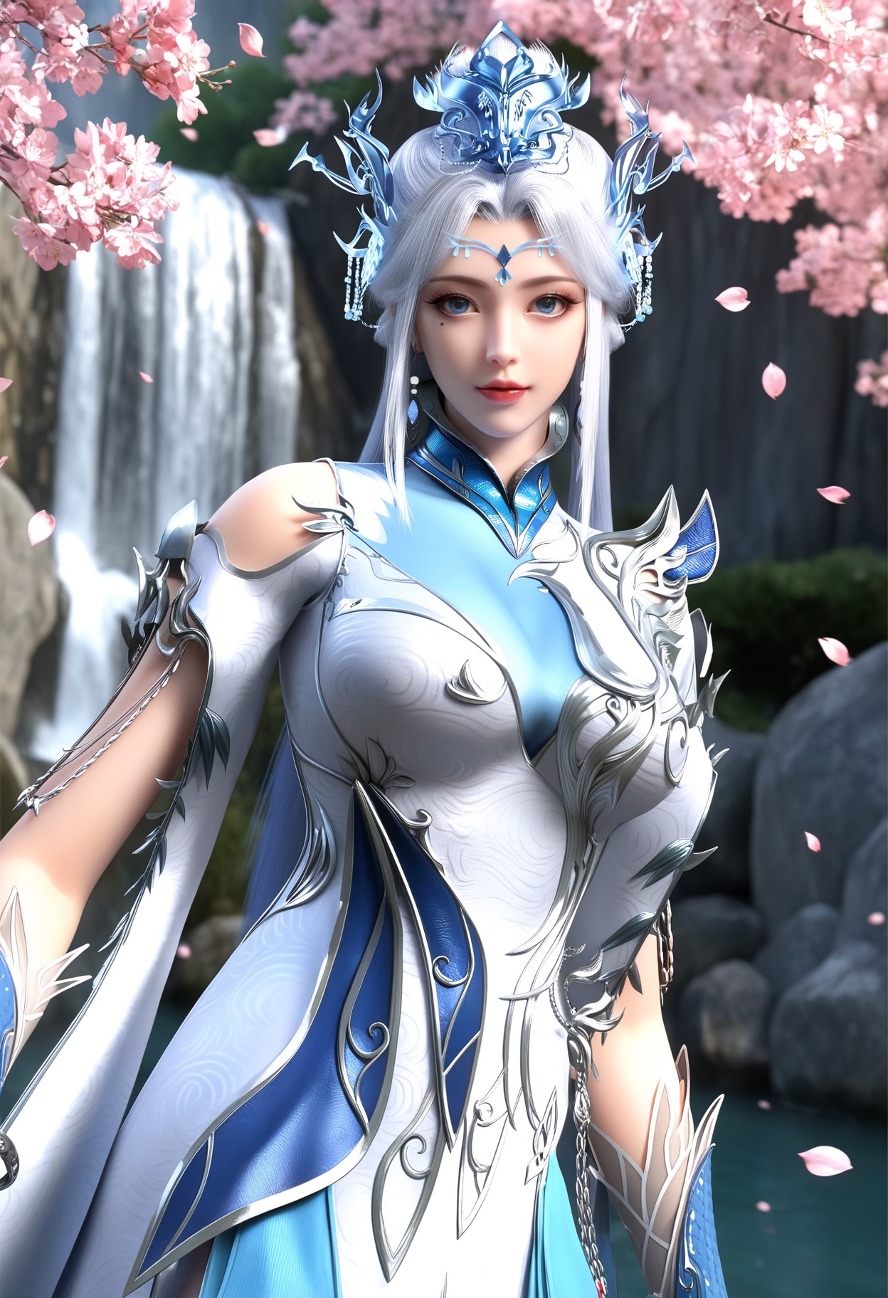 masterpiece,best quality,amazing quality,high resolution,ultra-detailed,absurdres,(looking at viewer:1.1),(moody lighting:1.1),waterfall,peach blossom,falling petals BREAK (large breasts:0.8),ningyudie,1girl,solo,long hair,hair ornament,jewelry,dress,chinese clothes,blue eyes,white hair,earrings,hair bun,mole under eye,makeup,bracelet BREAK photorealistic details,<lora:QQSillningyudieV1:0.8>,