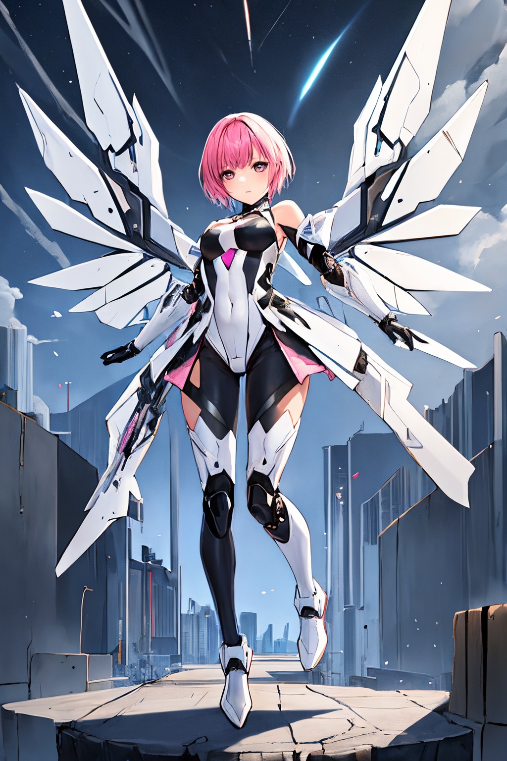 1girl,solo,Pink split short hair,full body,mechanical wings,standing,Combat posture,<lora:莉达VS天启姬-000018:0.6>,, masterpiece, best quality,