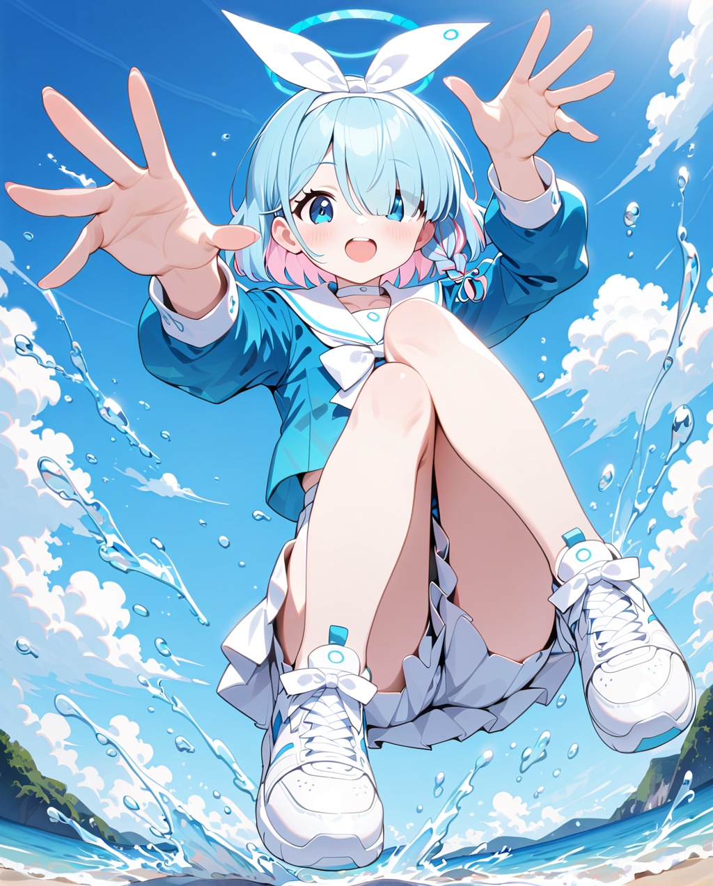 arona (blue archive),1girl,arona (blue archive),skirt,solo,white skirt,shoes,blue hair,hair over one eye,halo,water,white footwear,sneakers,smile,shirt,school uniform,sailor collar,blue eyes,braid,bow,hairband,blue shirt,multicolored hair,open mouth,choker,looking at viewer,white sailor collar,short hair,full body,long sleeves,serafuku,sky,pink hair,ribbon,blush,bangs,splashing,white choker,blue sky,