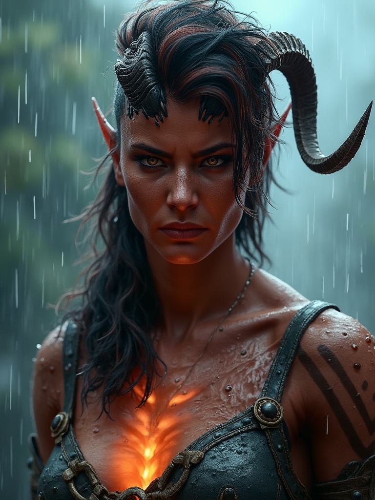 In this striking portrait,  a woman stands under the relentless downpour,  the rain cascading down her face and soaking th...