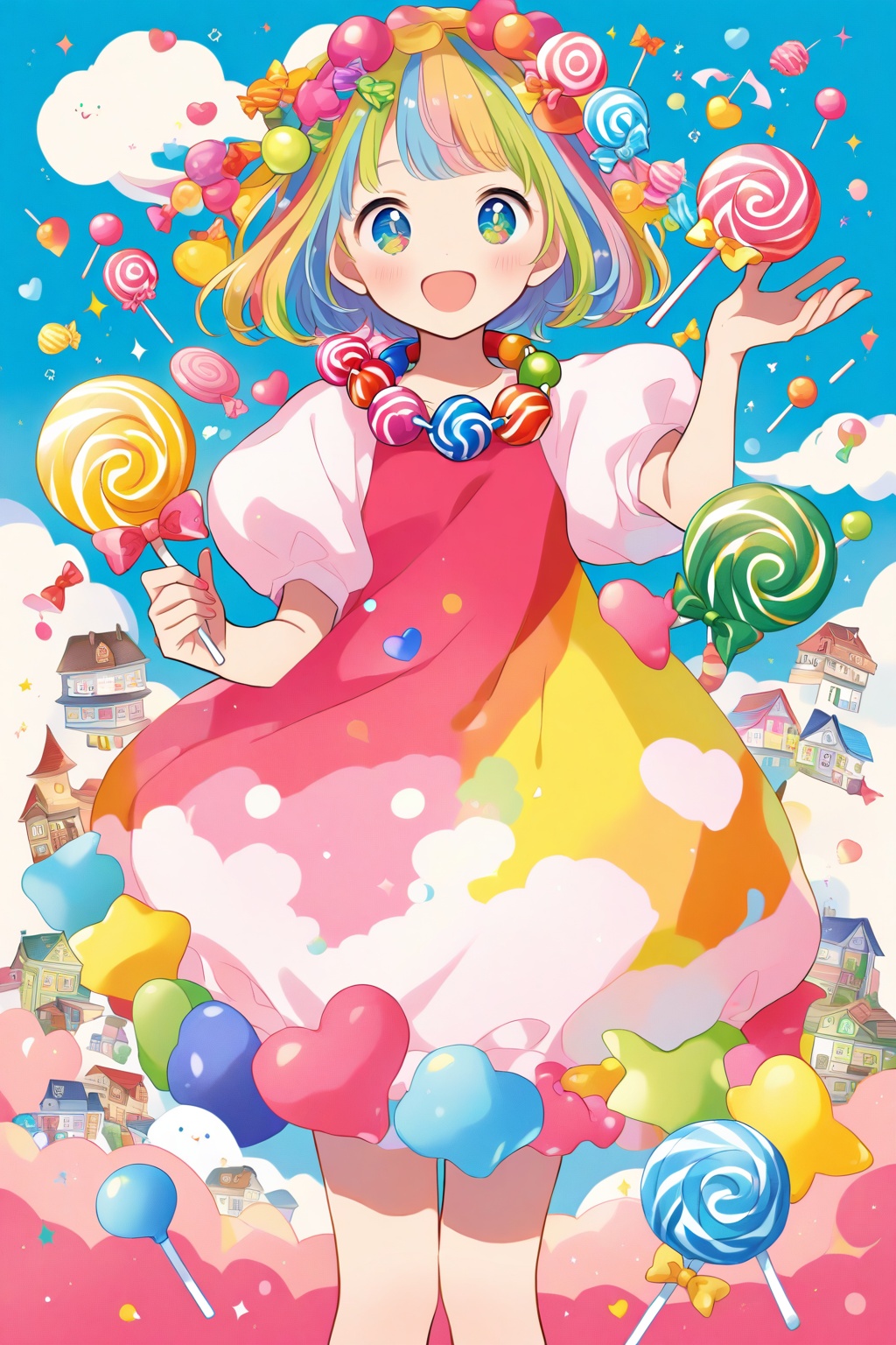 perilove,This is an illustration depicting a girl with short rainbow-colored hair. She is standing in a fantastical candy world. The girl is wearing a pink puffy dress decorated with various candy-shaped ornaments,and a candy necklace around her neck. Her face is filled with excitement and surprise,and she is holding a big lollipop in her hand. The background is made up of buildings constructed from candies of various colors,such as houses made of chocolate,clouds made of marshmallows,and street lamps made of lollipops. The whole picture is full of a sweet and joyful atmosphere.,