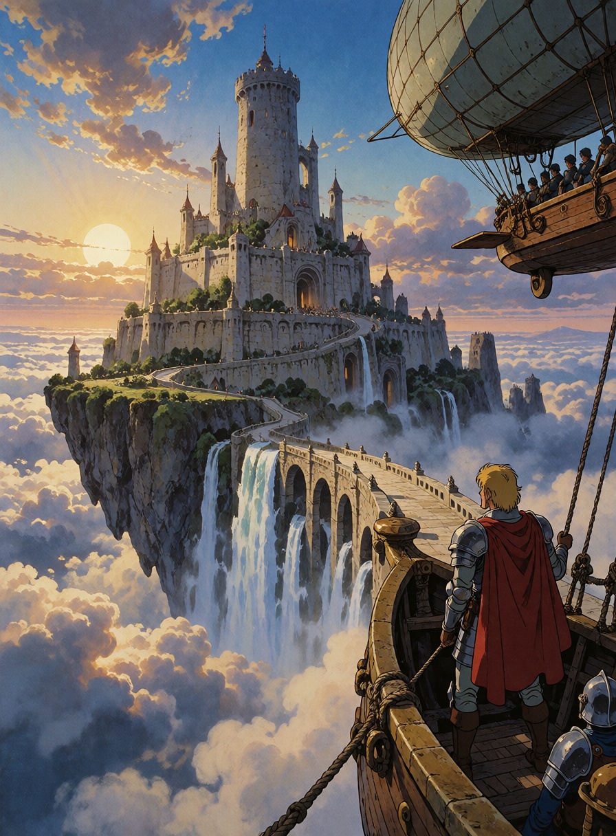 A gigantic floating stone citadel suspended above an endless sea of clouds,  waterfalls pouring from its lower terraces,...