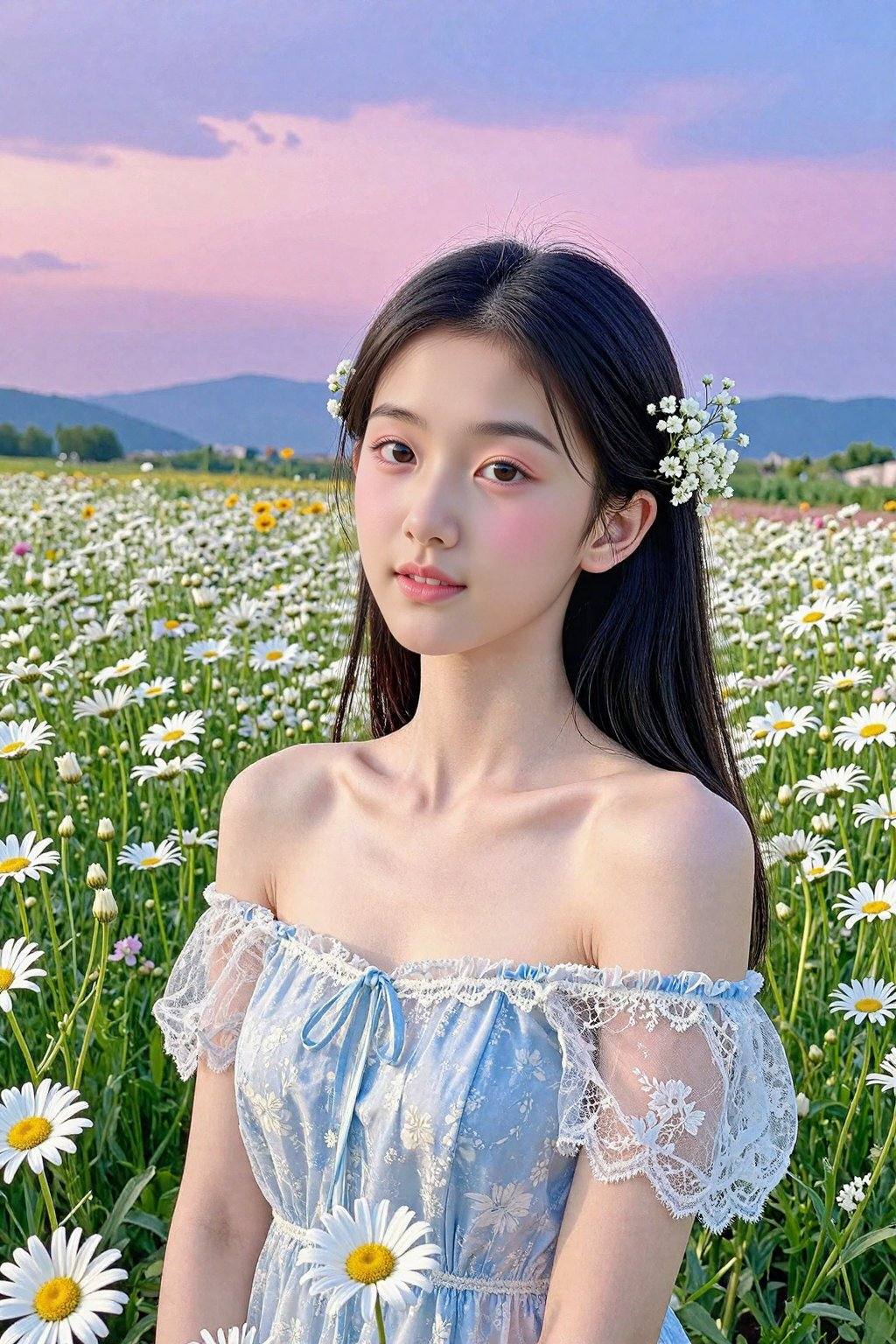 <lora:20260302_TinZITSharpnessSliderLora_v1_000000060:4>, This is a high-resolution photograph capturing a young Asian woman in a serene, sunlit field of blooming daisies. The woman, likely in her early twenties, has long, straight black hair adorned with delicate, white baby's breath flowers. Her skin is smooth and fair, with a natural, radiant complexion. She is dressed in a light, off-shoulder, light blue dress with sheer, lace-like sleeves and a subtle floral pattern, which complements the surrounding flowers. Her makeup is minimal but accentuates her eyes with a soft, pink blush and subtle eyeliner, giving her a fresh, natural look. The background features a vast expanse of daisies in various stages of bloom, with some flowers fully open and others still in bud, creating a lush, vibrant field. The sky is a beautiful gradient of soft pinks and purples, transitioning into a deeper blue as it reaches the horizon, suggesting either dawn or dusk. In the distance, rolling hills or mountains are faintly visible, adding depth to the scene. The overall mood is peaceful and ethereal, with the woman appearing almost like a serene spirit among the flowers.