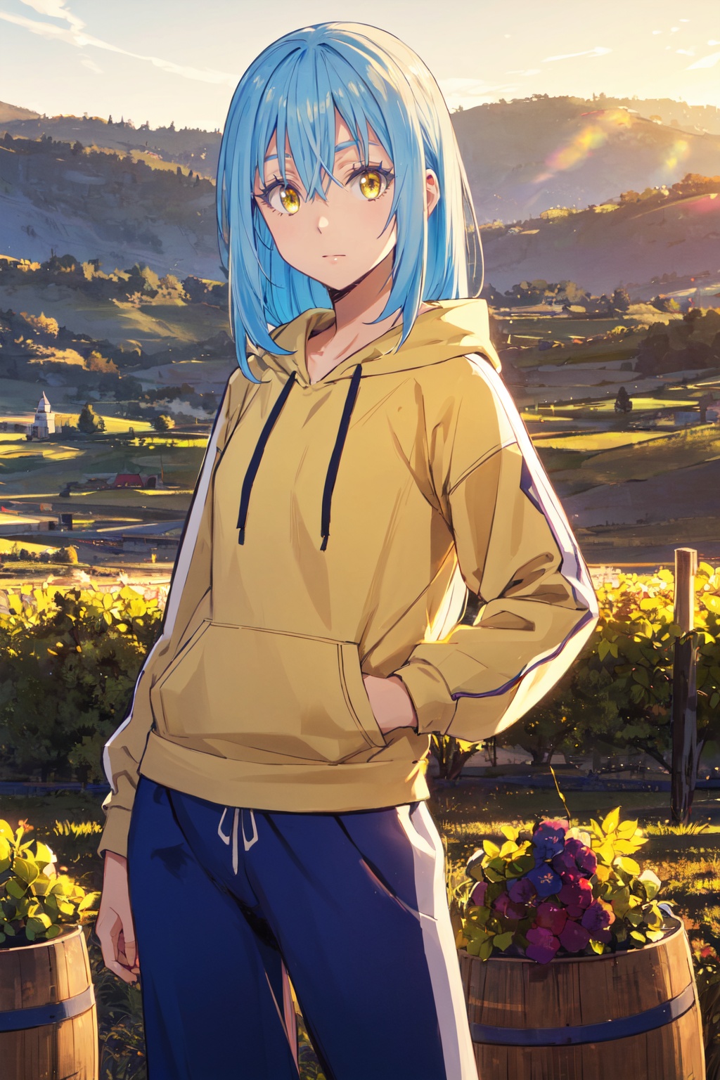 1other,looking at viewer,solo,androgynous,blue hair,long hair,hair between eyes,bangs,yellow eyes,standing,lightweight hoodie, jogger pants, and slip-on sneakers,<lora:Rimuru:0.8>,Rimuru_CYQL,panorama,beautiful face,beautiful eyes,glossy skin,shiny skin,Grapevines, Harvested grapes, Tuscan villa, Wine barrels, Harvest festival, Golden sunlight,beautiful detailed sky,beautiful detailed glow,posing in front of a colorful and dynamic background,masterpiece,best quality,beautiful and aesthetic,contrapposto,female focus,wallpaper,fashion,