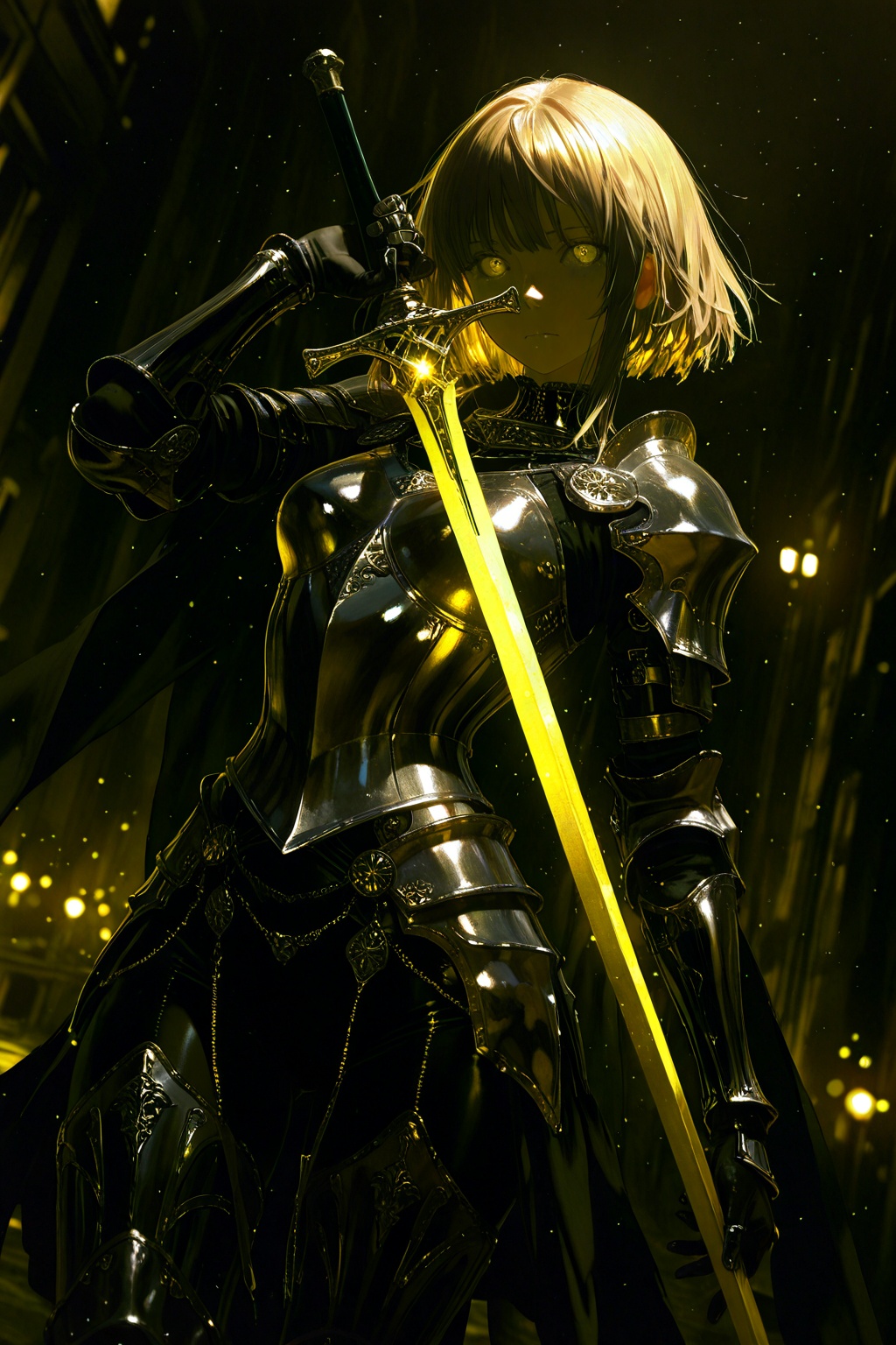 masterpiece,best quality,amazing quality,very aesthetic,absurdres,newest,extreme aesthetic,in the style of fashion photography,light particles,cinematic lighting,Visual impact,sharp focus,Emotionalization,depth of field,dutch angle,scenery,intense light,golden light in the dark,girl holding the sword,tight armor,intricate textures,real metal material,