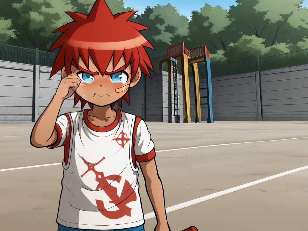 <lora:DGRP_Masaru_XL:1>,explicit,Daimon Masaru,(best quality:1),(best detail:1),(masterpiece:1),primary school sports meeting,playground,male focus,1boy,solo,(toddler:1.2),(petite:1.2),red hair,red thick eyebrow,short hair,blue eyes,dark skin,band-aid on the face,perfect hands,(5fingers:1.1),1 one hand to wipe the tears,take the red baton,white sportswear,blue sports shorts,correct anatomy,standing,tearing_up,upper_body,animation style,available light,(incredibly absurdres:2),