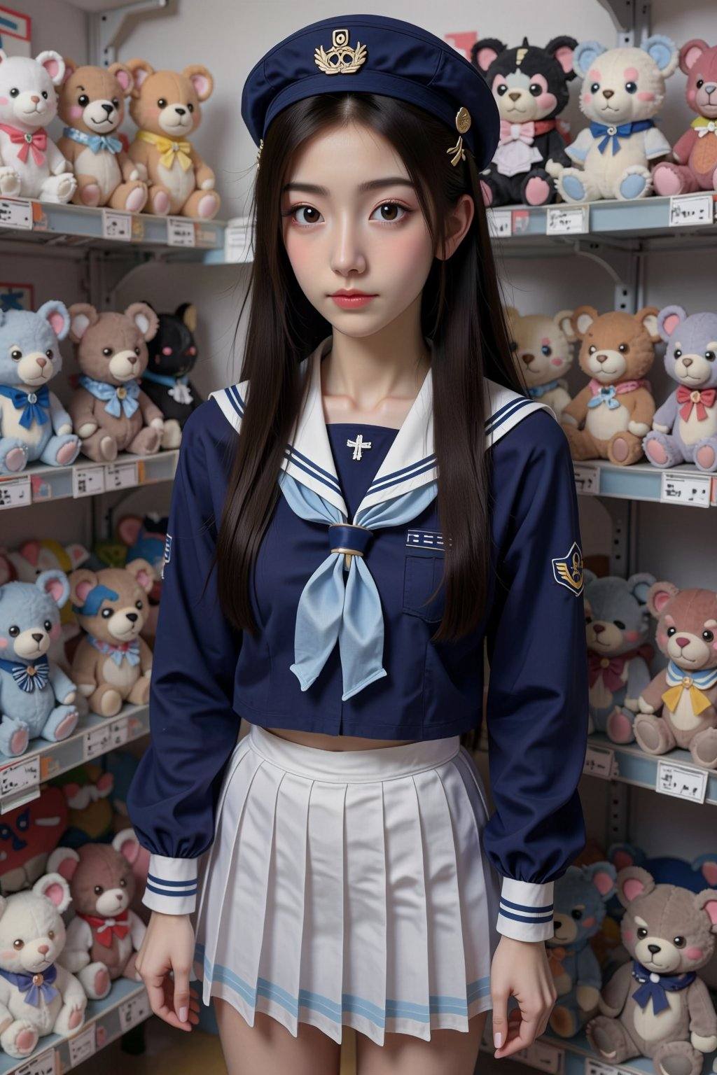 A young Asian woman with long black hair stands in a toy store,  wearing a navy blue sailor-themed outfit and a pleated wh...