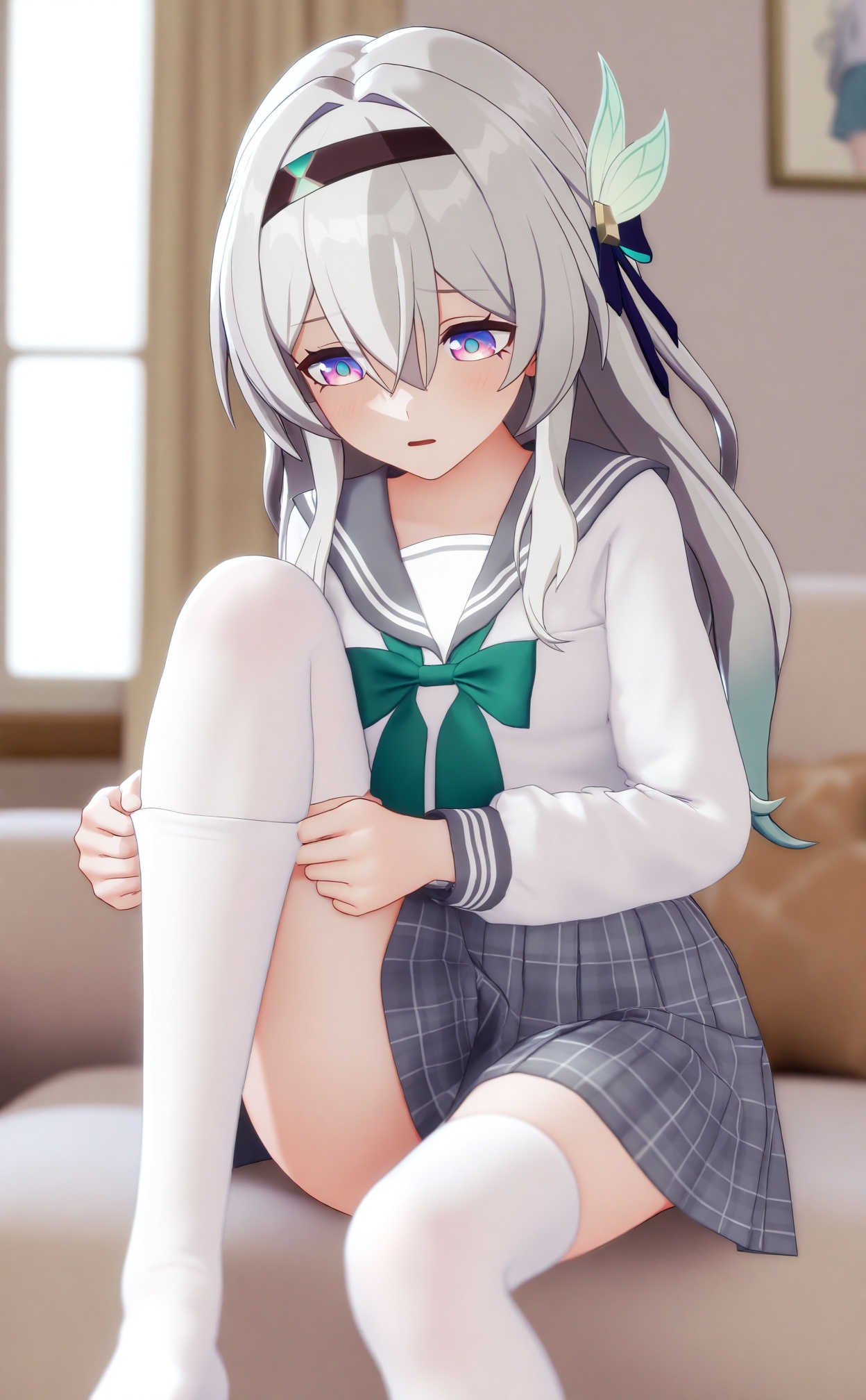 masterpiece,absurdres,best quality,loli,petite,high quality,chromatic_aberration,//,firefly_(honkai:_star_rail),1girl,thighhighs,solo,white thighhighs,skirt,bow,gradient hair,long hair,school uniform,multicolored hair,sailor collar,hairband,sitting,long sleeves,green bow,blush,bowtie,thighs,grey skirt,indoors,pleated skirt,green bowtie,hair ribbon,white shirt,grey hair,shirt,serafuku,purple eyes,no shoes,ribbon,black hairband,open mouth,crossed bangs,hair between eyes,skindentation,hair ornament,couch,curtains,blue pupils,adjusting legwear,sidelocks,plaid,knee up,zettai ryouiki,grey sailor collar,on couch,neckerchief,picture frame,hair intakes,black ribbon,multicolored eyes,parted lips,window,hair bow,white hair,dressing,plaid skirt,looking down,//,Depth of field,(colorful),hdr,Tyndall effect,depth of field,Tyndall Effect,blurry,blurry_background,depth_of_field,bokeh,glowing,//,<lora:MMDguangwuran6——【noob】hans:0.9>,