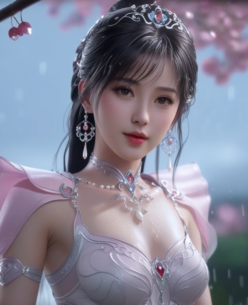 <lora:595-DA-XL-斗罗大陆-小舞-神界服装:0.8>(,1girl, ,best quality, ),looking at viewer,  ,,ultra detailed 8k cg, ultra detailed background ,ultra realistic 8k cg,          cinematic lighting, cinematic bloom, (( , )),,  , unreal, science fiction,  luxury, jewelry, diamond, pearl, gem, sapphire, ruby, emerald, intricate detail, delicate pattern, charming, alluring, seductive, erotic, enchanting, hair ornament, necklace, earrings, bracelet, armlet,halo,masterpiece, (( , )),, realistic,science fiction,mole,   ,cherry blossoms,,(((Best quality, masterpiece, ultra high res, (photorealistic:1.4), raw photo, 1girl, ,rain, , sunlight, sunset, qianqiu wanxia,     )))  (cleavage), (), 