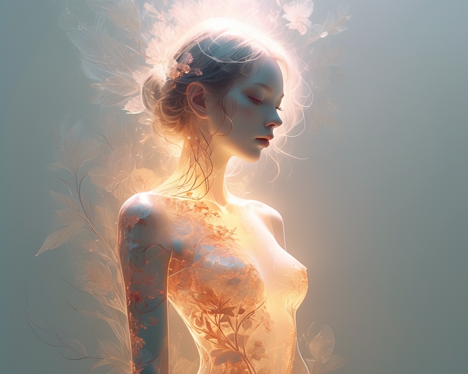 fantasy artwork,intricate artwork,minimalism,clear lines,(double exposure:1.4),full body,1girl,(extremely luminous translucent body:1.5),(floral pattern decoration,glowing effect:1.2),