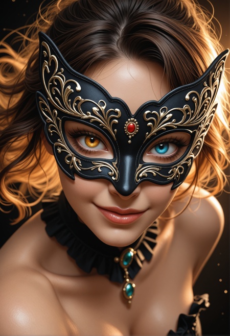 A woman , masquerade_mask, close-up, mysterious_smile, dramatic_lighting, eye_focus, dynamic angle, dynamic posing , heterochromia