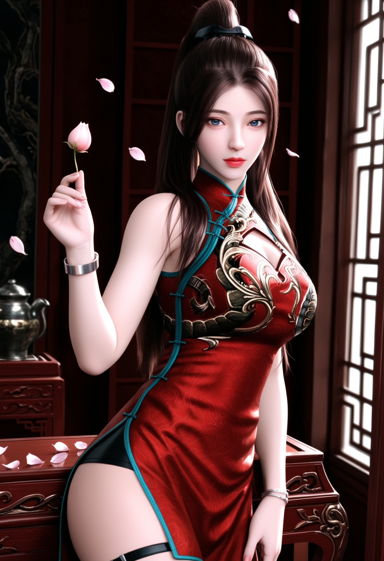 masterpiece,best quality,amazing quality,very aesthetic,high resolution,ultra-detailed,absurdres,scenery,photorealistic,(looking at viewer:1.1),upper body,(Dark room:1.3),(moody lighting:1.1),peach blossom,falling petals,(large breasts:0.8),tangzichen,1girl,solo,long hair,brown hair,chinese clothes,dress,china dress,red dress,blue eyes,ponytail,sleeveless,thigh strap,jewelry,bracelet,side slit,sleeveless dress,brown eyes,black hair,high ponytail,high heels BREAK photorealistic details,<lora:QQSilltangzichenV1:0.8>,