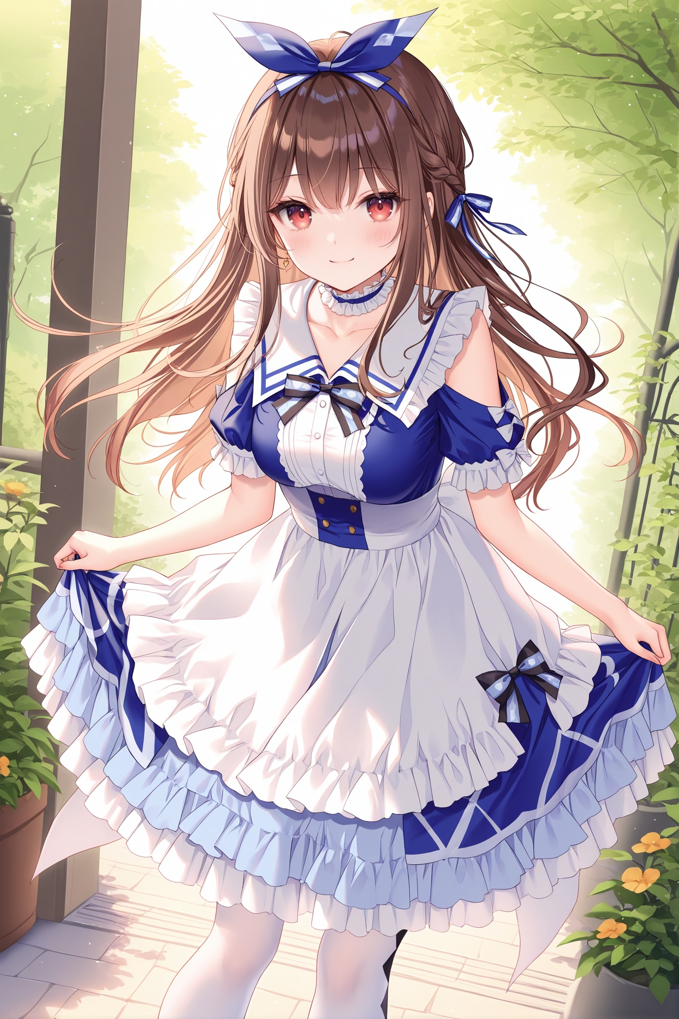 masterpiece, best quality, newest, absurdres, highres,(chen bin: 0.5),(hiten \(hitenkei\):0.4),(rimuu:0.5),(mignon:0.5),(sheya:0.6),smile, ensemble style, aoi(ensemble), red eyes, brown hair, hair ribbon, long hair, braid,1girl,solo,  frilled dress, aquawonder, two-tone dress,blue dress, print thighhighs, white thighhighs, leaning forward, outdoors, <lora:AoiXLNAI:1>,<lora:aquawonderXLNAI:1>