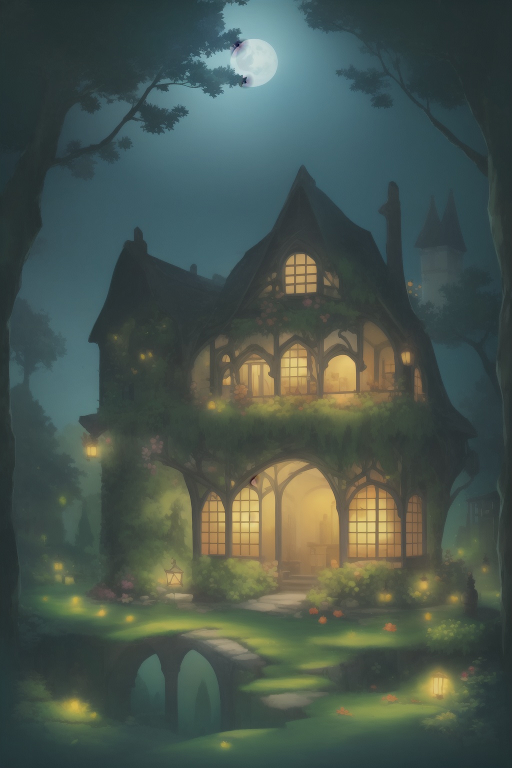 A vibrant, enchanted garden with a variety of magical flora glowing under the moonlight, with a quaint stone cottage in the background., illustration, 3d, cartoon,high resolution, high quality, detailed, masterpiece, hdr, sharp,[Pixel Art style],[ abbe bi style], amazing, beautiful, breathtaking, astonishing, brilliant, incredible,