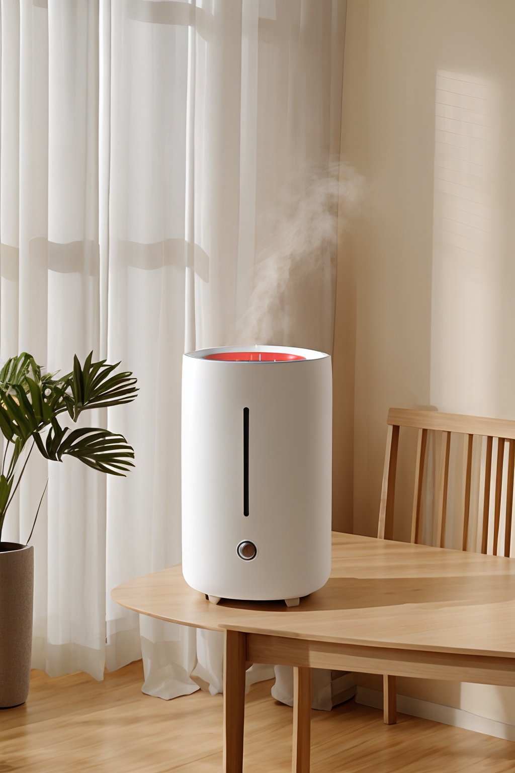 dianshang,no humans,curtains,<lora:dianshang2-000014:0.6>,plant light and shadow,solid wood table,humidifier,mist,