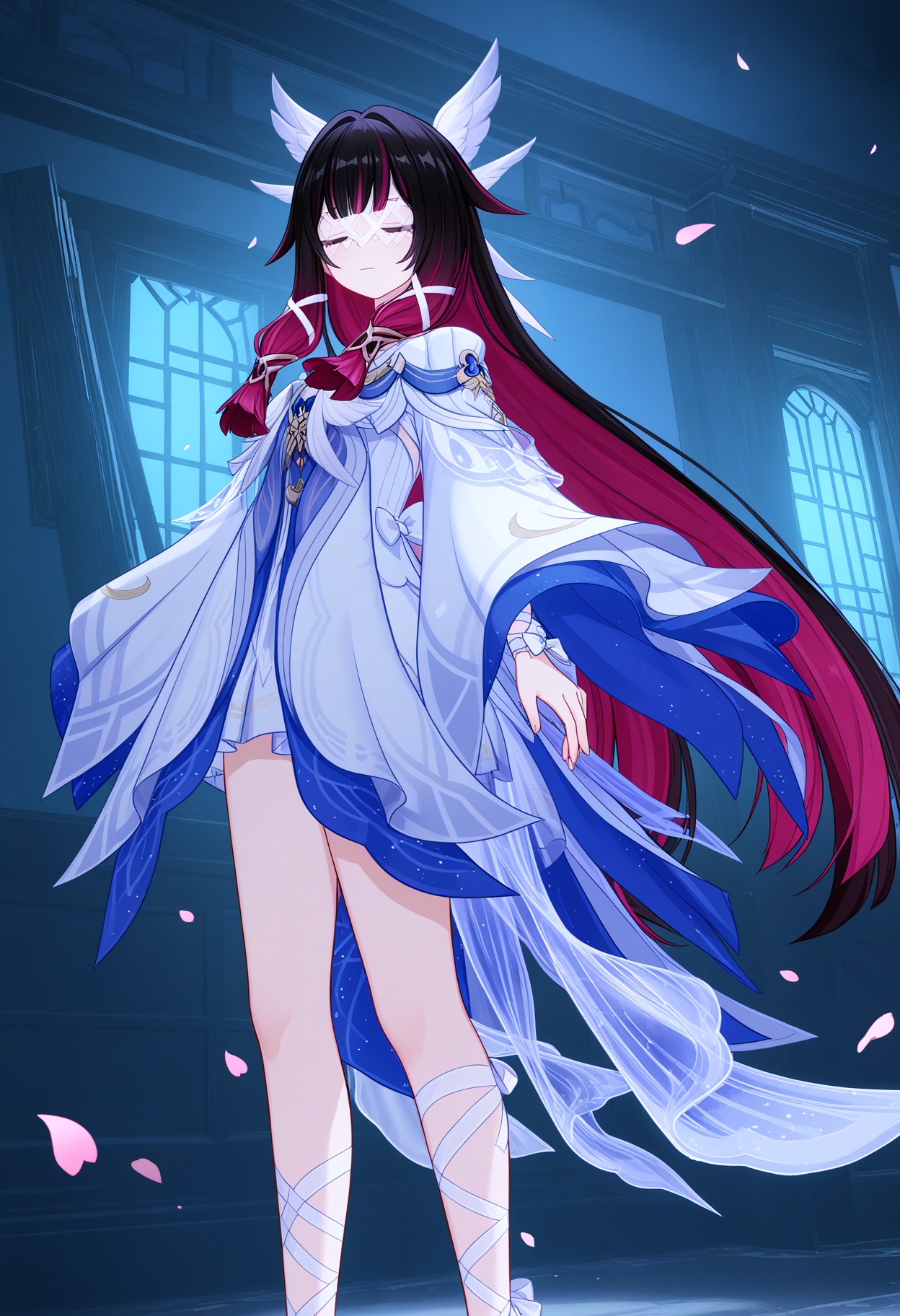 (standing full_body:1.1),looking at viewer:1.1,masterpiece,(best quality),smog,Dark room,dim lighting,peach blossom,falling petals,<lora:YQ_Illustrious光辉二次元v1_哥伦比娅_V1:0.8>,q1528437228,1girl,solo,closed eyes,purple eyes,long hair,black hair,multicolored hair,hair ornament,dress,two-tone hair,white dress,eye mask,wings,pink hair,white mask,gradient hair,wing hair ornament,head wings,purple hair,red hair,blunt bangs,streaked hair,ribbon,white bow,wide sleeves,long sleeves,white ribbon,hair ribbon,bandages,bow,seele vollerei,fur trim,coat,hair flaps,soles,white,white coat,leg ribbon,