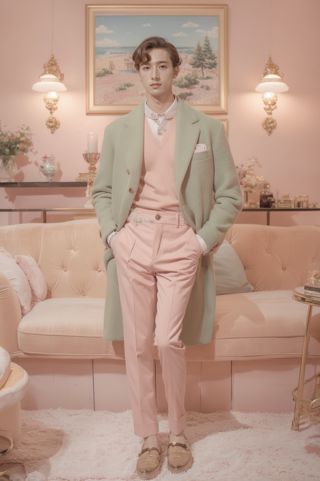 masterpiece,best quality,realistic,in summer,1man,handsome,gentleman,<lora:Hyper-SD15-12steps-CFG-lora:1>,in a live room,fashion,looking at the viewer,pure and sweet,<lora:wes_anderson-000004:1>,by wes anderson,
