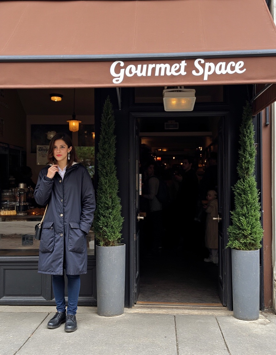 The image shows a person standing on a sidewalk in front of a cafe or restaurant entrance. The establishment has a brown awning with white lettering that reads "Gourmet Space"