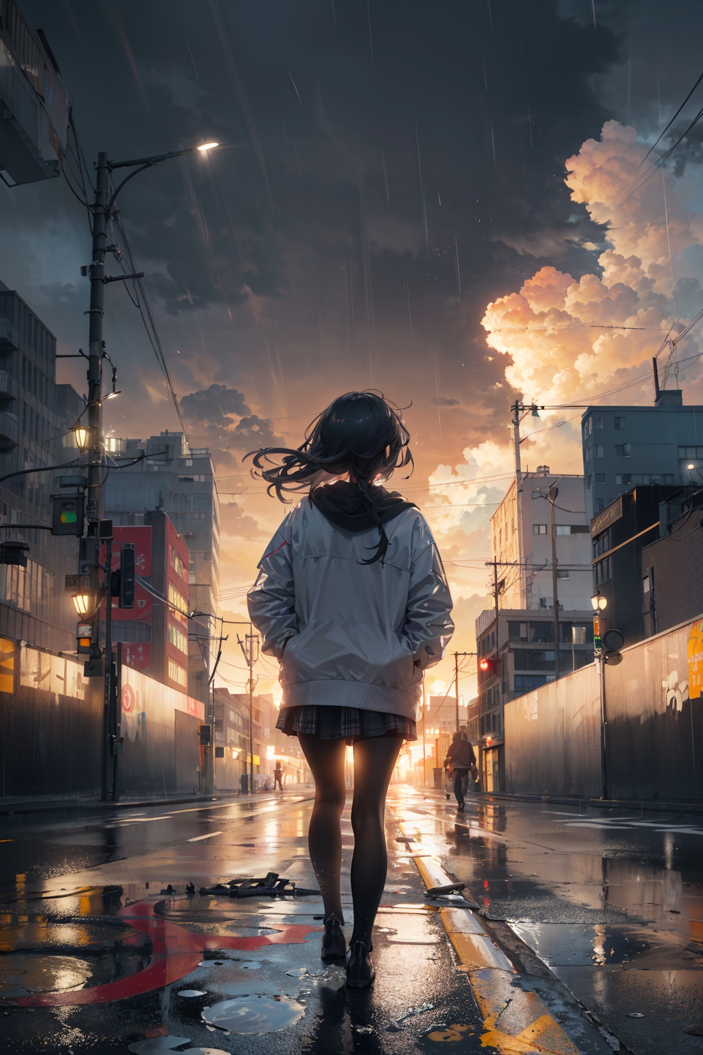 masterpiece,best quality,(ray tracing, cinematic lighting),ex-light,(central composition, Centered Composition and Symmetry:0.6),(back to camera:1.3),backlight,1girl,((solo)),black long hair,messy hair,jacket,pantyhose,rainy day,Cumulonimbus Cloud,(put hands in pockets),(outdoors, rain, sky, deserted streets, watered-down pavements, crossroad, fork in the road),tall buildings,bell towers,glass,reflections,streetlights,sunset,Tyndall Effect,