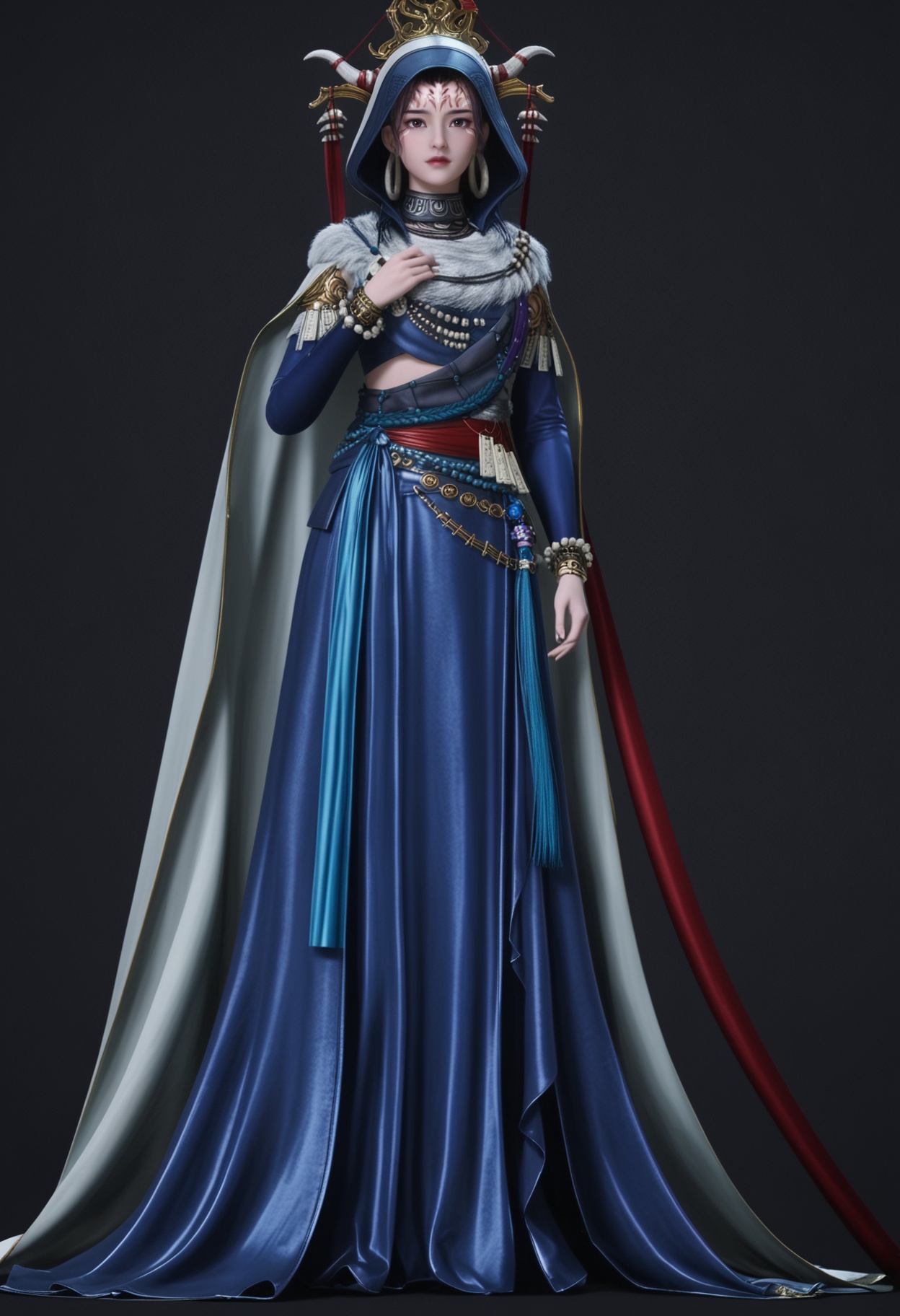 (looking_at_viewer:1.2),standing,full body,<lora:YQ_pony_houtuniangniang_V4:0.8>,q1528437228,solo,1girl,jewelry,hood,forehead mark,bracelet,hood up,earrings,horns,cape,cloak,black hair,brown hair,long sleeves,necklace,brown eyes,hoop earrings,fur trim,short hair,detached sleeves,black eyes,beads,dress,sash,long hair,robe,blue dress,belt,collar,long skirt,(simple background,pure black background,black background:1.1),perfect_anatomy,