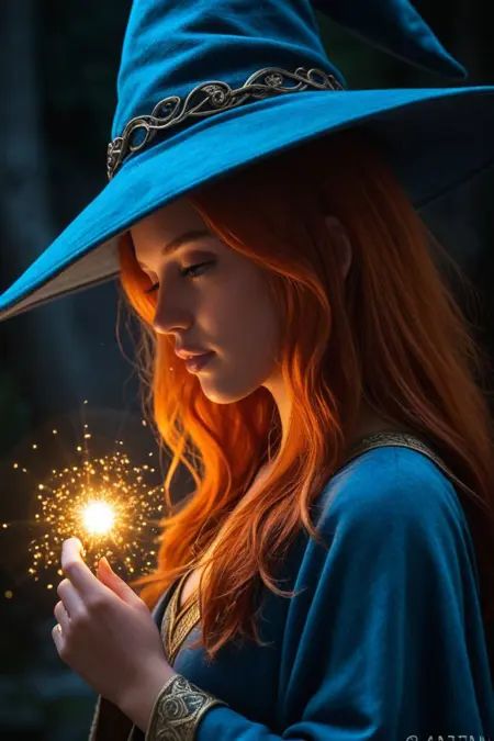 ecajtoon,,from side, profile, blowing, blowing glowing particles, glowing, spores, hand up, face focus, breath focus, hand focus, hat focus,1girl, wizard, ginger hair, red hair, long hair, wizard hat, light blue hat, wizard robe, light blue robe, portrait,abstract background, dark background, bokeh particles, elden ring,best quality ,,,