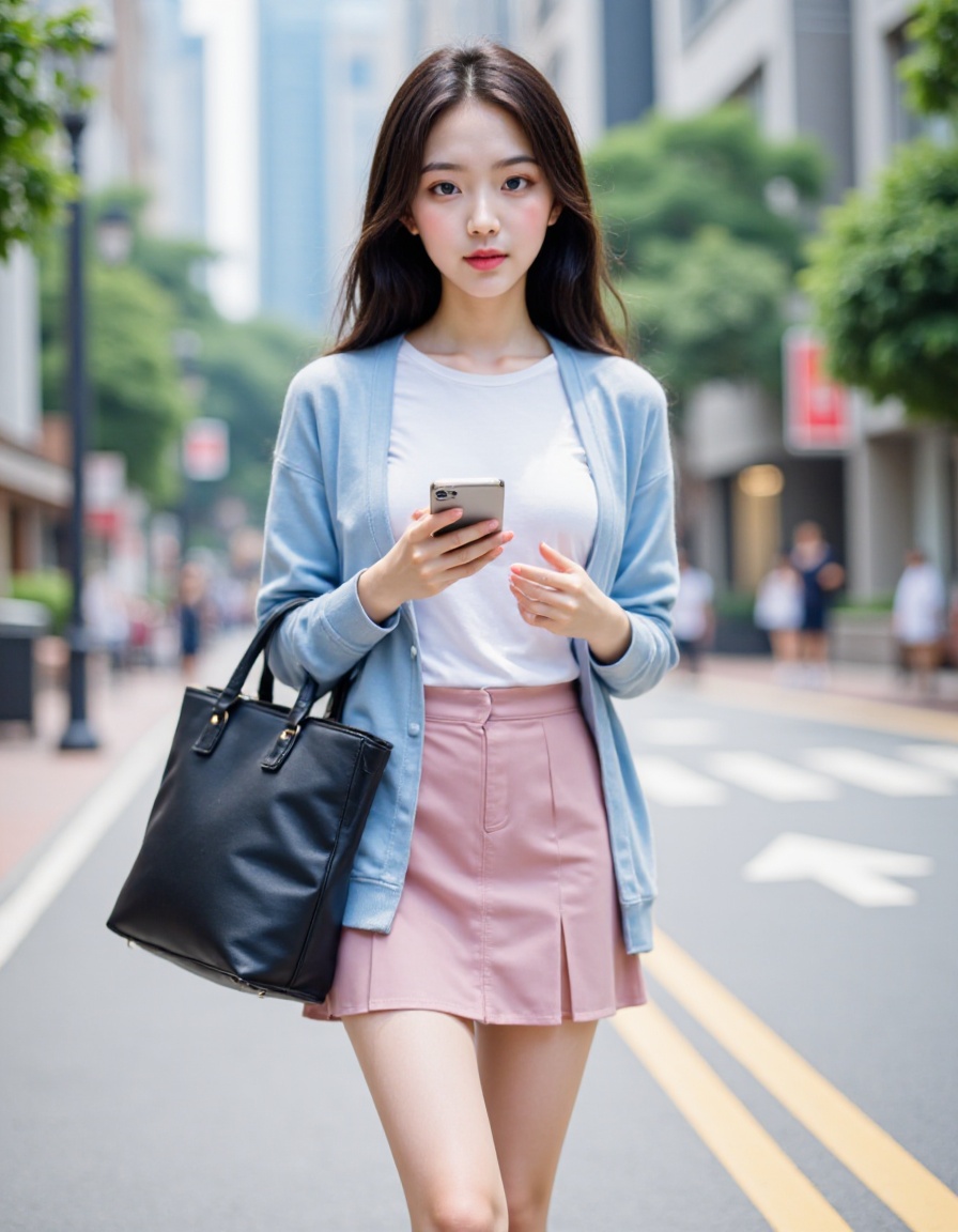 The image is a high-resolution photograph taken in an urban setting, likely a city street. The main subject is a young Asian woman with long dark black hair, walking confidently down the sidewalk. She is wearing a trendy spring outfit: a light blue cardigan with a white T-shirt, paired with a high-waisted pink pleated short skirt that reaches her ankles. She carries a large, black tote bag over her left shoulder and holds a smartphone in her right hand, looking at it. Her makeup is subtle yet polished, with a focus on her lips, which are painted a soft pink, looking at viewer, In the background, The background features buildings and trees, cityscape, The street is paved with grey concrete, and there are visible pedestrian crosswalks. The overall mood of the image is modern and casual, with a focus on everyday city life.
