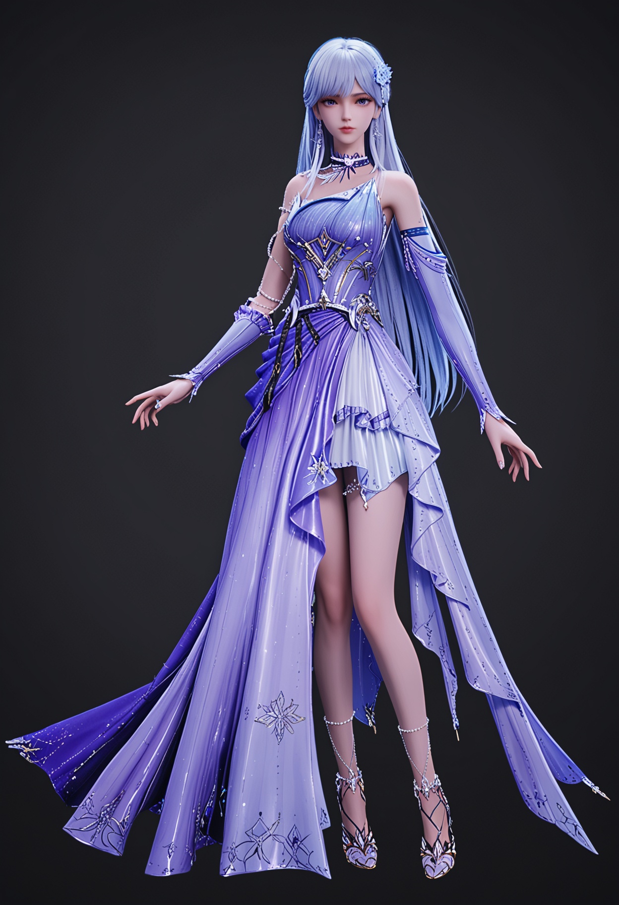 (full_body:1.1),(looking at viewer:1.1),facing viewer,direct gaze,<lora:YQ_pony_shengcaier_fuzhuang6_V4:0.8>,q1528437228,1girl,solo,long hair,jewelry,hair ornament,earrings,dress,purple eyes,white hair,choker,high heels,necklace,blue hair,blue eyes,purple hair,BREAK simple background,pure black background,black background,perfect anatomy,