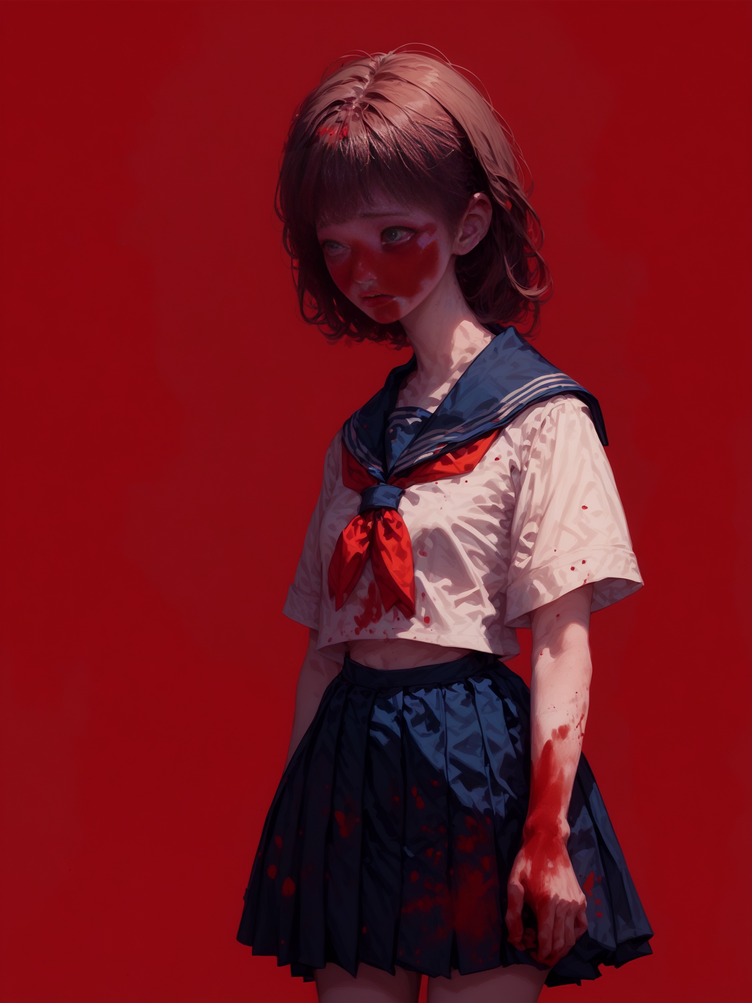 score_9, score_8_up, score_7_up, score_6_up,masterpiece,best quality, ultra highres,,girl in Art Gallery, solo, school uniform, skirt, blood splatter, sailor collar, horror \(theme\),standing,red background,sad,photo \(object\), dark,night, <lora:Asekkk pony re a:1>