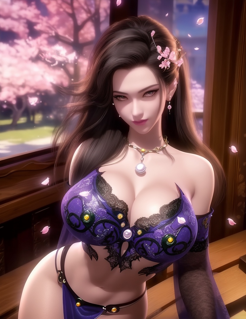 ultra realistic 8k cg, picture-perfect face, flawless, clean, masterpiece, professional artwork, famous artwork, cinematic lighting, cinematic bloom, perfect face, beautiful face, fantasy, dreamlike, unreal, science fiction,  beautiful clothes, lace, lace trim, lace-trimmed legwear,  (rich:1.4), prestige, luxury, jewelry, diamond, gold, pearl, gem, sapphire, ruby, emerald, intricate detail, delicate pattern, charming, alluring, seductive, erotic, enchanting, hair ornament, necklace, earrings, bracelet, armlet,halo((,1girl, pov,))(((,cherry blossoms, , 1girl, solo, petals,looking at viewer, large breasts, ))) <lora:DA_CaoNvYao:0.7> 