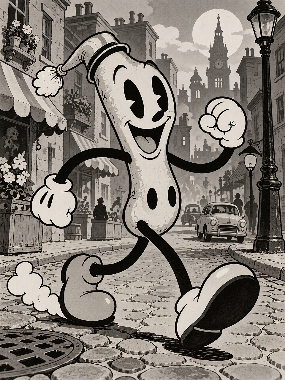 A cheerful rubber hose cartoon character walking down a whimsical city street,  oversized shoes,  white gloves on Tensor.Art