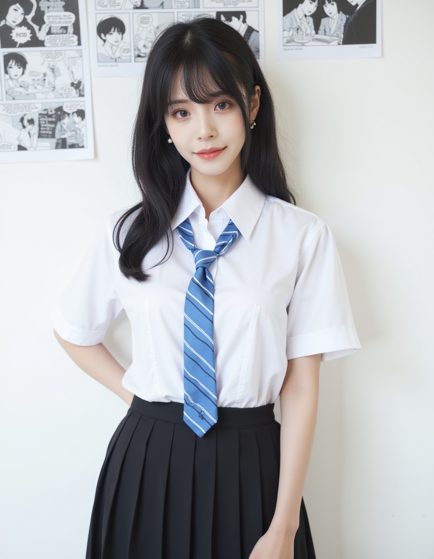 This is a real high-definition photo,In the picture,there is a woman wearing a white short-sleeved shirt and a black pleated skirt,with a blue and white striped tie. She has long black hair,stand facing the camera,and her eyes are looking at the camera. She appears to be around 20 years old,slim,and her expression is calm. Her outfit consists of a white short-sleeved shirt,a blue and white striped tie,and a black pleated skirt. Her hair is flowing freely without bangs. The background is a white wall,hanging some black and white comics,neomj,