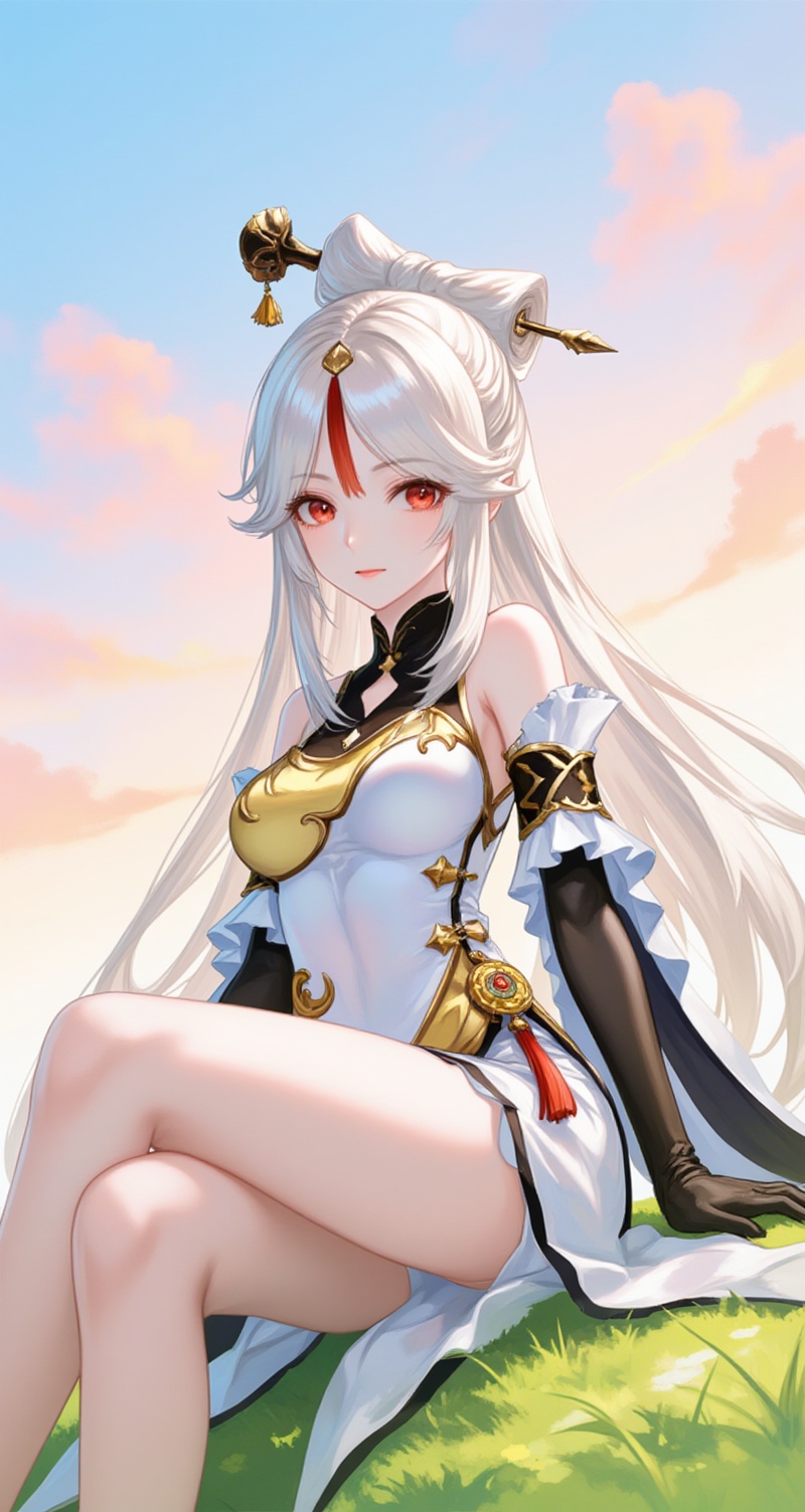 <lora:2D凝光6:1>,ningguang,1girl,ningguang \(genshin impact\),solo,long hair,red eyes,gloves,sitting,dress,hair ornament,tassel,white hair,elbow gloves,looking at viewer,grass,black gloves,china dress,breasts,outdoors,sky,chinese clothes,bare shoulders,white dress,very long hair,parted bangs,tassel hair ornament,vision \(genshin impact\),detached sleeves,hairpin,hair stick,sidelocks,feet out of frame,thighs,frills,cloud,claw ring,frilled sleeves,bare legs,medium breasts,parted lips,11,cover,simple background,gradient background,close-up details,outstanding style,adding a touch of dimension to your images without compromising details,close-up,<lora:DJ滤镜_2.5D版:0.3>,lvjing,<lora:油画唯美滤镜15:0.3>,baoshi,