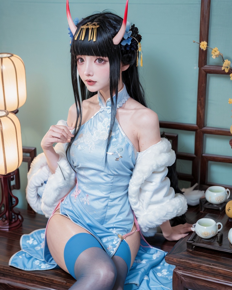 qipao,1girl,horns,thighhighs,dress,black hair,chinese clothes,hair ornament,oni horns,china dress,solo,blue dress,purple eyes,sitting,long hair,flower,blue thighhighs,looking at viewer,realistic,bare shoulders,blunt bangs,table,cup,<lora:qipao_20231203121722:1>,
