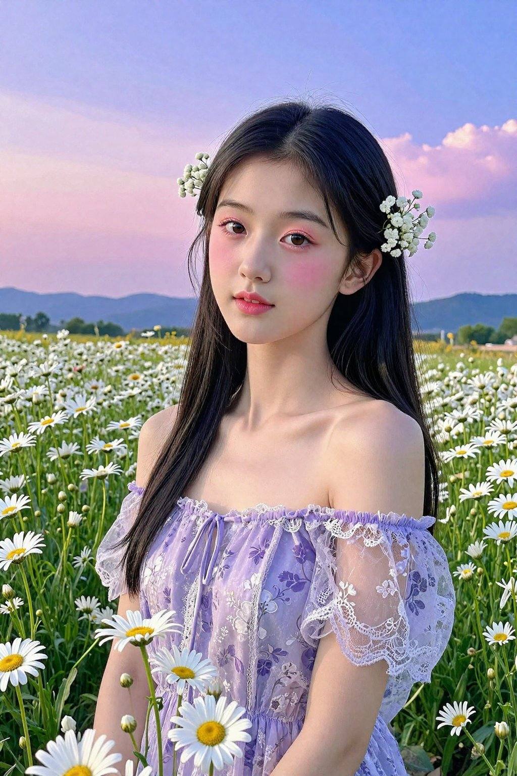<lora:20260302_TinZITSharpnessSliderLora_v1_000000090:2>, This is a high-resolution photograph capturing a young Asian woman in a serene, sunlit field of blooming daisies. The woman, likely in her early twenties, has long, straight black hair adorned with delicate, white baby's breath flowers. Her skin is smooth and fair, with a natural, radiant complexion. She is dressed in a light, off-shoulder, purple dress with sheer, lace-like sleeves and a subtle floral pattern, which complements the surrounding flowers. Her makeup is minimal but accentuates her eyes with a soft, pink blush and subtle eyeliner, giving her a fresh, natural look. The background features a vast expanse of daisies in various stages of bloom, with some flowers fully open and others still in bud, creating a lush, vibrant field. The sky is a beautiful gradient of soft pinks and purples, transitioning into a deeper blue as it reaches the horizon, suggesting either dawn or dusk. In the distance, rolling hills or mountains are faintly visible, adding depth to the scene. The overall mood is peaceful and ethereal, with the woman appearing almost like a serene spirit among the flowers.