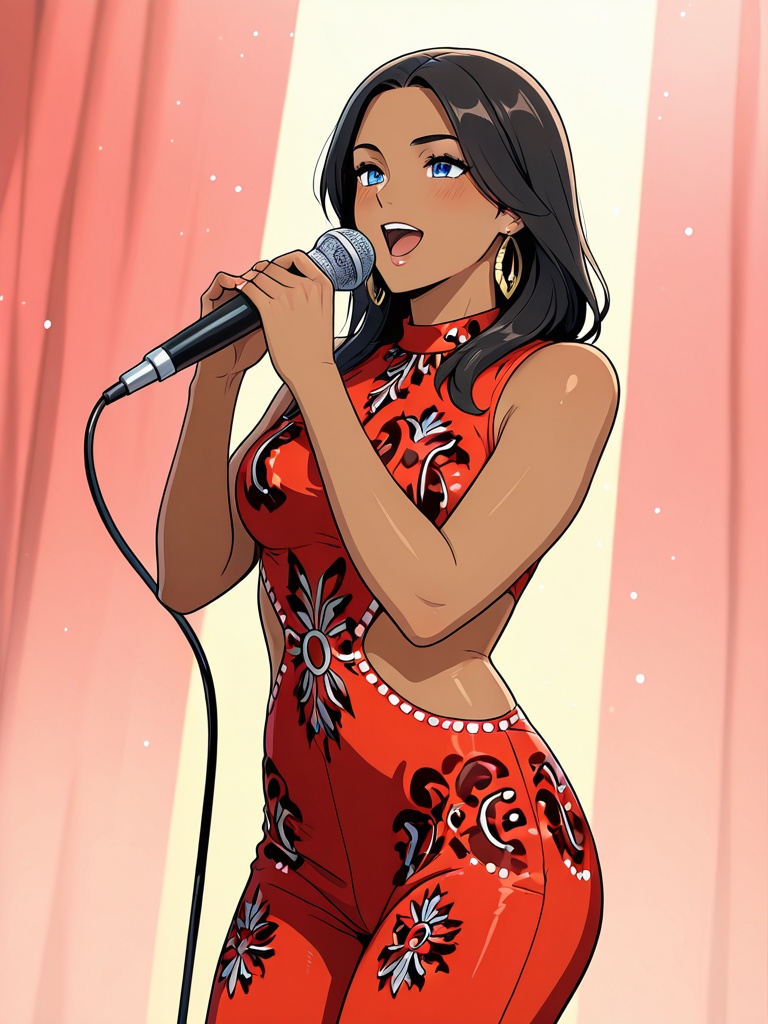 front view a beautiful young african american woman with deep blue eyes wearing a sexy red cutout jumper,  singing on stag...