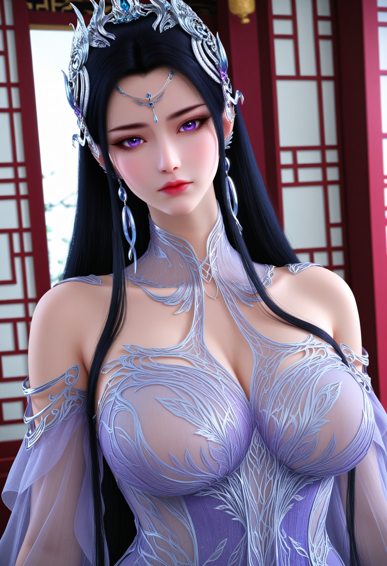 looking at viewer,upper_body,traditional_chinese_room,(huge breasts:0.8),yechangong,solo,1girl,black hair,long hair,hair ornament,jewelry,earrings,expressionless,closed mouth,dress,purple eyes,white dress,purple dress,bare shoulders,detached collar,tiara,(see-through:1.2),masterpiece,(best quality),(intricate details:0.9) BREAK (intricate details:0.9),(realistic skin:1.2),<lora:QQSillyechangongV1:0.8>,