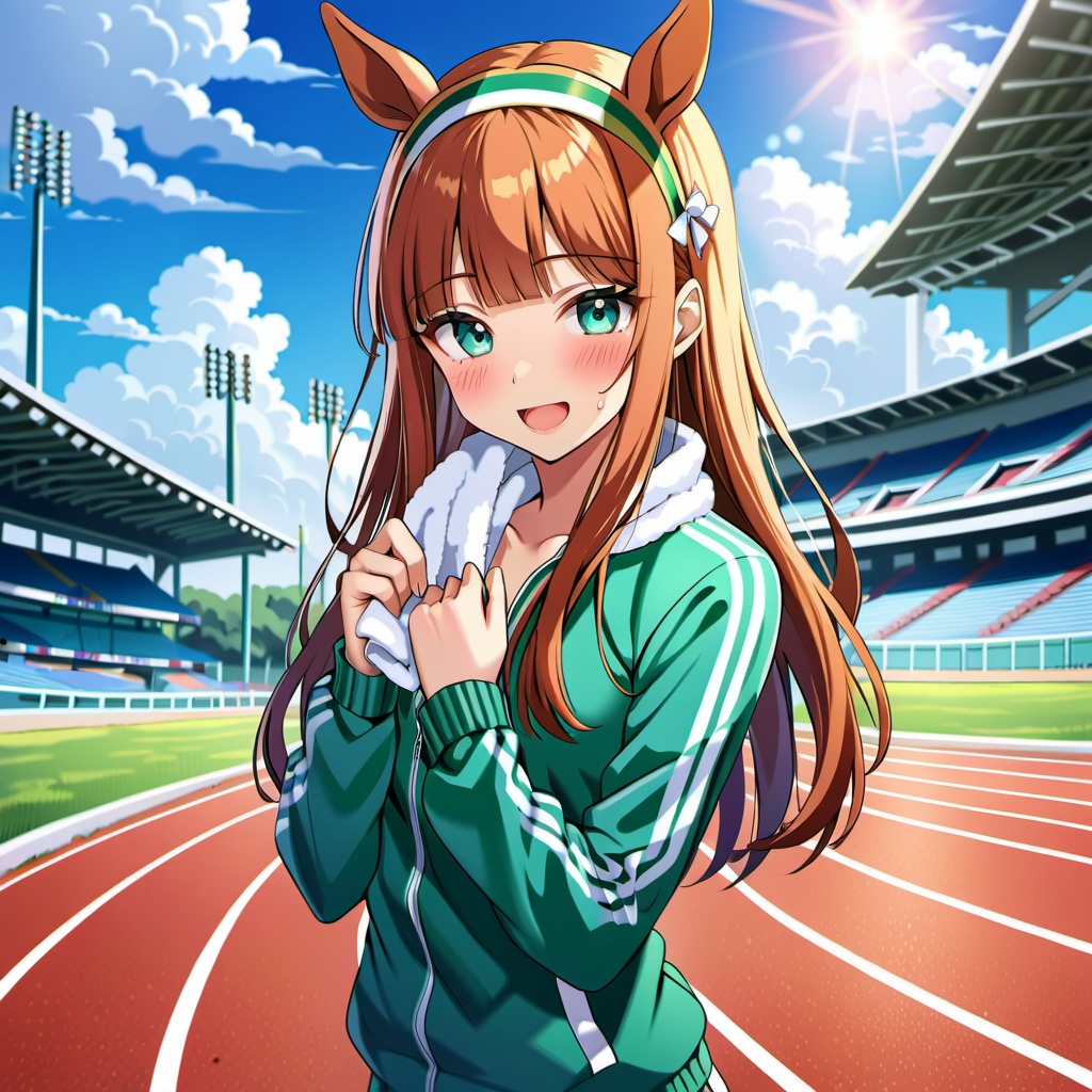 1girl, animal ears, horse ears, silence suzuka, (umamusume), solo, horse girl, long hair, jacket, sweat, track jacket, outdoors, looking at viewer, orange hair, open mouth, horse tail, towel, hairband, blush, tail, smile, bangs, brown hair, green eyes, hair ornament, sky, blue eyes, day, long sleeves