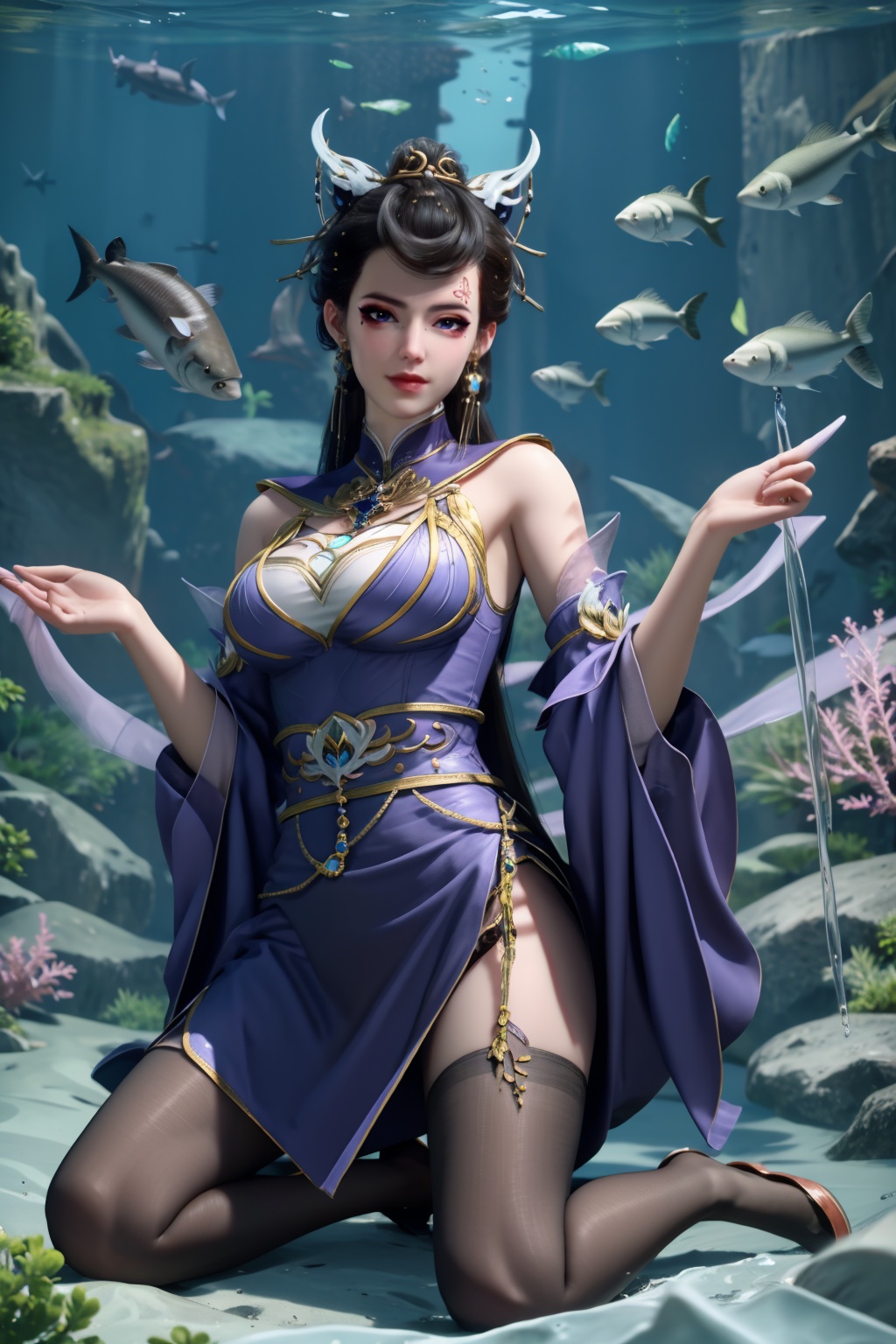 1girl,underwater,submerged,floating hair,air bubble,holding breath,see-through,masterpiece,best quality,highly detailed,fish,(wide hip:1.2),jellyfish,earrings,hair ornament,sea weed,coral reef,shark,sea turtle,sexy pose,kneeling,chinese dress,chinese clothes,big breasts,(looking at viewer:1.2),black pantyhose,arms up,torn pantyhose,