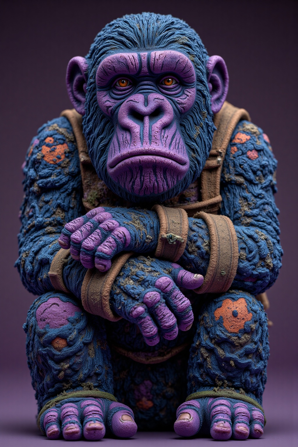 beijihui,Captured at eye-level,a close-up shot of a purple chimpanzee's face,adorned with purple fur. The chimpanzee is posed in a seated position,with its arms wrapped around its body. Its eyes are a piercing yellow,adding a pop of color to the scene. Its mouth is slightly open,as if it is frowning. Its hands are clasped in front of its body,adding texture to the composition. The background is a solid purple,creating a stark contrast to the chimpanzee.,
