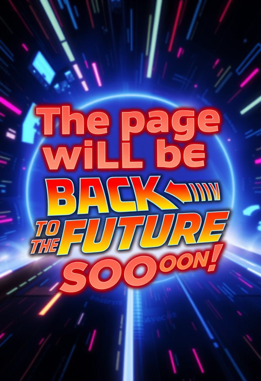 A text-centered image with the phrase: "The page will be back to the future soon!" styled as a movie title in the style of...