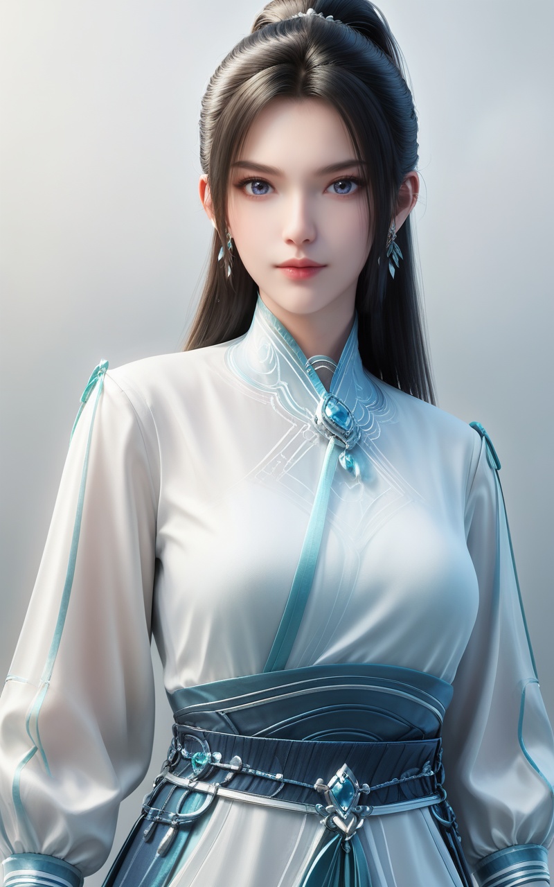 Close-up details,outstanding style,adding a touch of dimension to your images without compromising details,whirls of vapor,iridescent textures,(Anime:1.1),soft neon light,ethereal ambiance,delicate details,magical atmosphere,concept art,highly detailed,ultra-high resolution,32K UHD,sharp focus,best-quality,masterpiece,golden hour,unconventional supreme masterpiece,masterful details,temperate atmosphere,with a high-end texture,in the style of fashion photography,cover,Dynamic Angle,Dynamic posture,<lora:宁姚-000018:0.8>,ningyao,1girl,solo,jewelry,black hair,long hair,earrings,upper body,ponytail,looking at viewer,long sleeves,closed mouth,realistic,sash,white dress,dress,chinese clothes,