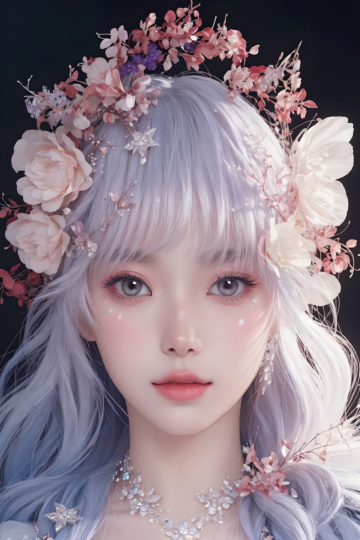 <lora:Fashion_Girl:0.66>purple  theme,  snowflakes,  looking at viewer,  portrait,  colorful hair,  jewelry,  close up,  ultra high res,  deep shadow, (best quality,  masterpiece),  dimly lit,  shade, highly detailed,  bold makeup,  flower,  simple background,  depth of field,  film grain,  fashion_girl,  accessories, High detailed, (masterpiece,high quality,best quality),(colorful),(delicate eyes and face),volumatic light,ray tracing,extremely detailed CG unity 8k wallpaper,solo, indoors, palace, lights, window, decorations,(ahoge:1.3),best quality,official art,(((light from the sky))),floating hair,light shines on hair,whultra-detailed,(((extremely detailed cg 8k wallpaper))),(crystalstexture skin:1.4),(extremely delicate and beautiful),(white skin),looking_at_viewer,kinghere fensejiaren,,realistic,