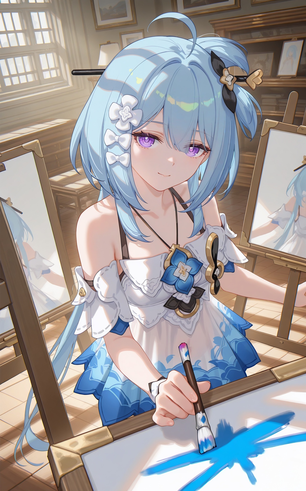 8k,best quality,masterpiece,(ultra-detailed),(high detailed skin),((artist:reoen),(artist:fuzichoco),(artist:atdan),(artist:torino_aqua),year 2024:0.8),[artist:wlop],[artist:ningen_mame],artist:ciloranko,[[artist:rhasta]],artist:tidsean,colorful,<lora:xl-ill-Griseo(Honkai Impact 3)-v1-000010:0.8>,(paintbrush:1.7),easel,canvas \(object\),still life,griseo:xiamengruhui\(honkai impact 3\),1girl,solo,long hair,hair ornament,ahoge,blue hair,hair between eyes,purple eyes,smile,