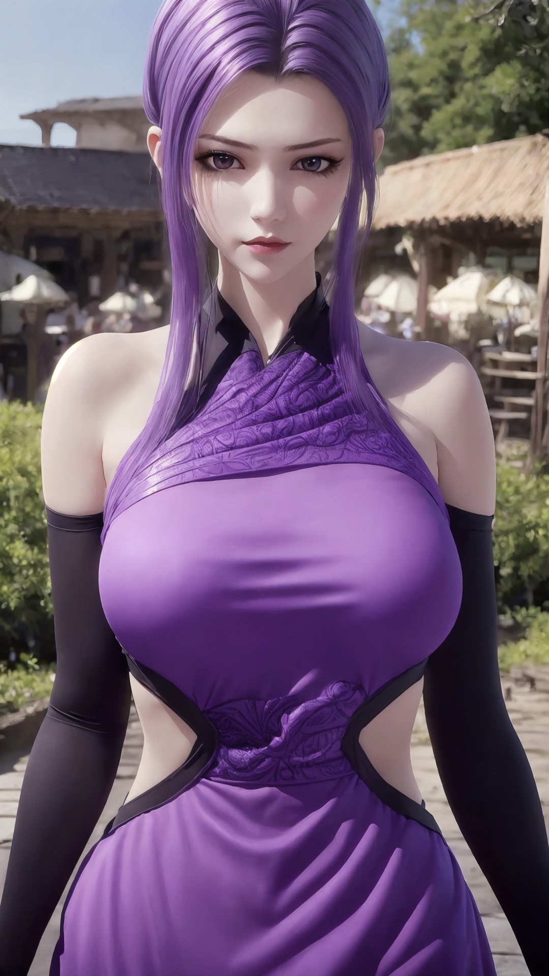 The image is a close-up portrait of a young woman with long purple hair. She is wearing a purple and silver outfit with intricate designs on her chest and neck. The outfit appears to be made of a shiny,metallic material and has a high neckline. The woman has a serious expression on her face and is looking directly at the camera. The background is blurred,but it seems to be an outdoor setting with trees and a wooden structure. The overall mood of the image is dark and mysterious.,<lora:tyz zi_20241217072752-000016:0.8>,