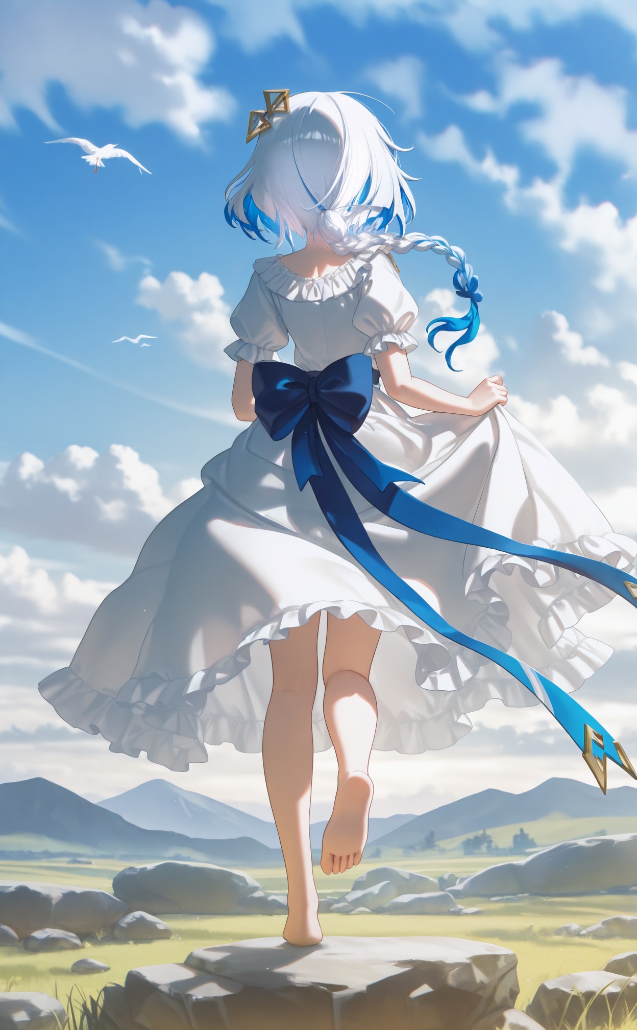 masterpiece,absurdres,best quality,high quality,chromatic_aberration,//,1girl,dress,solo,white_dress,barefoot,short_sleeves,white_hair,skirt_hold,paper,cable,sky,puffy_sleeves,from_behind,outdoors,full_body,puffy_short_sleeves,braid,standing_on_one_leg,facing_away,blue_sky,day,soles,cloud,standing,medium_hair,flying_paper,floating_hair,hair_over_shoulder,mountainous_horizon,feet,leg_up,triangle,toes,side_braid,rock,long_hair,frilled_dress,foot_up,medium_dress,heel_up,tail,mountain,single_braid,diamond_hair_ornament,frills,floating,bird,back_bow,blue_hair,short_hair,colored_inner_hair,hair_ornament,multicolored_hair,alternate_costume,back,looking_ahead,low_ponytail,cloudy_sky,//,//,<lora:konya_karasue——【CKXL】hans:1>,