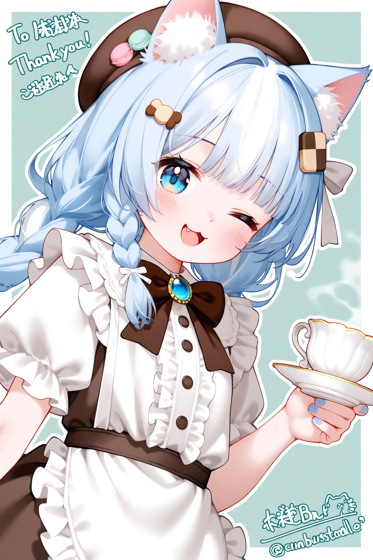 masterpiece,very aware,highres,absurdres,newest,best quality,petite,high quality,chromatic_aberration,cinematic_angle,dutch angle,child,petite,//,1girl, :3, :d, ;3, ;p, animal ear fluff, animal ears, apron, blue eyes, blue hair, blue nails, blush, border, bow, bowtie, braid, brooch, brown bow, brown bowtie, brown dress, brown hat, cat ears, cat girl, center frills, checkerboard cookie hair ornament, closed mouth, commissioner name, cookie hair ornament, cup, dress, fang, food-themed hair ornament, frilled apron, frilled sleeves, frills, green background, hair bow, hair ornament, hair ribbon, hand up, hat, holding, holding saucer, jewelry, long hair, looking at viewer, macaron hair ornament, multicolored hair, nail polish, one eye closed, open mouth, outline, outside border, parted bangs, ribbon, saucer, short sleeves, signature, simple background, single braid, smile, streaked hair, teacup, thank you, tongue, tongue out, twitter username, two-tone hair, upper body, watermark, white apron, white border, white outline, white ribbon, commentary, commission, highres, skeb commission, untranslatable commentary,  <lora:22222.NAI4h:0.8>